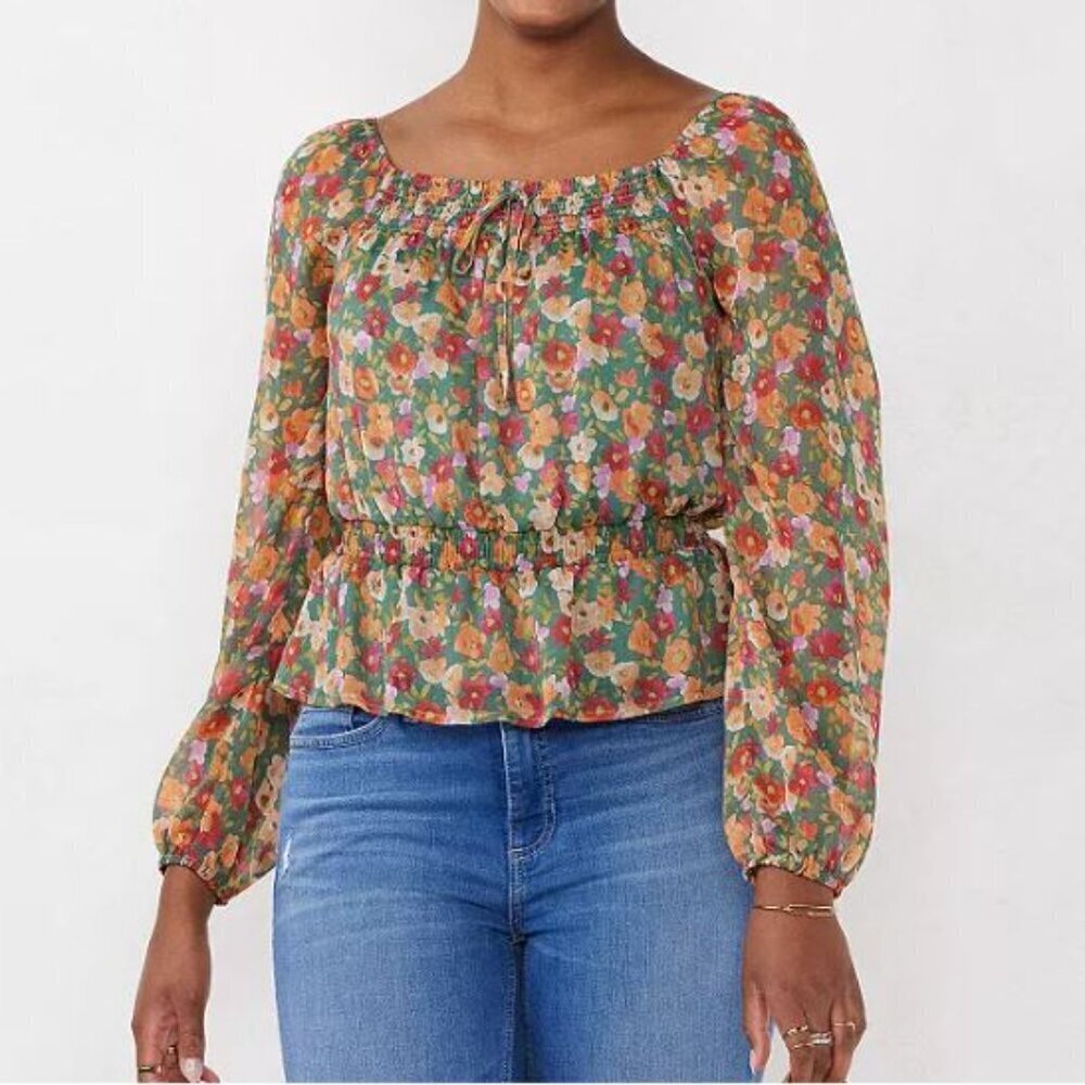 LC Lauren Conrad Cottagecore Boho Floral Smocked Squareneck Peplum Top Size M